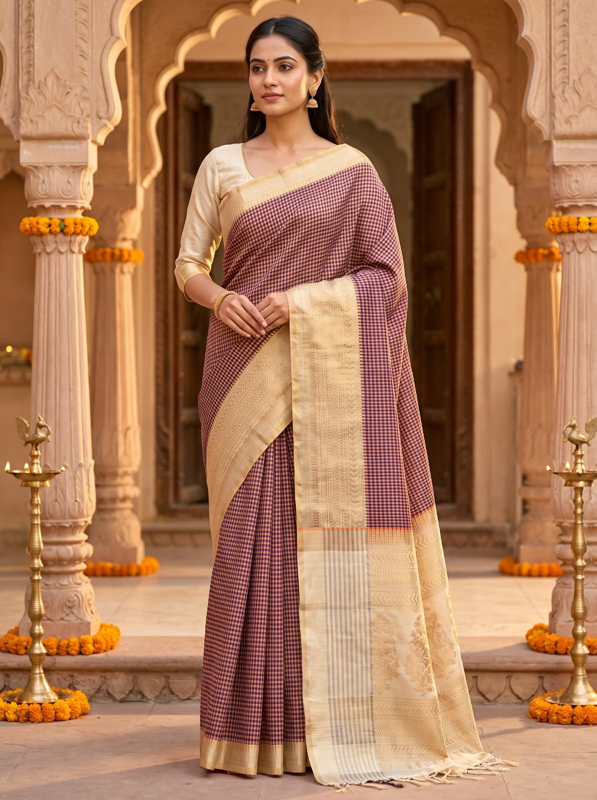 ✨ Elegant Deep Maroon & Beige Checked Saree with Golden Zari Border ✨