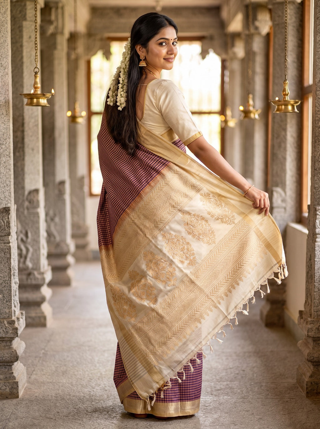 ✨ Elegant Deep Maroon & Beige Checked Saree with Golden Zari Border ✨