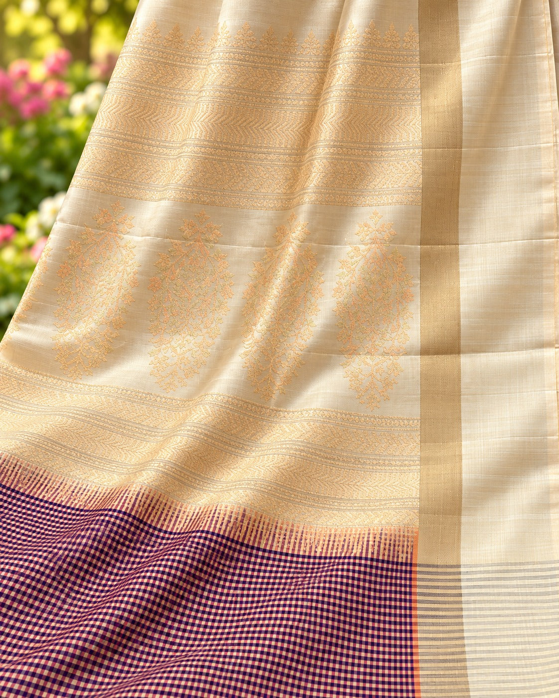 ✨ Elegant Deep Maroon & Beige Checked Saree with Golden Zari Border ✨