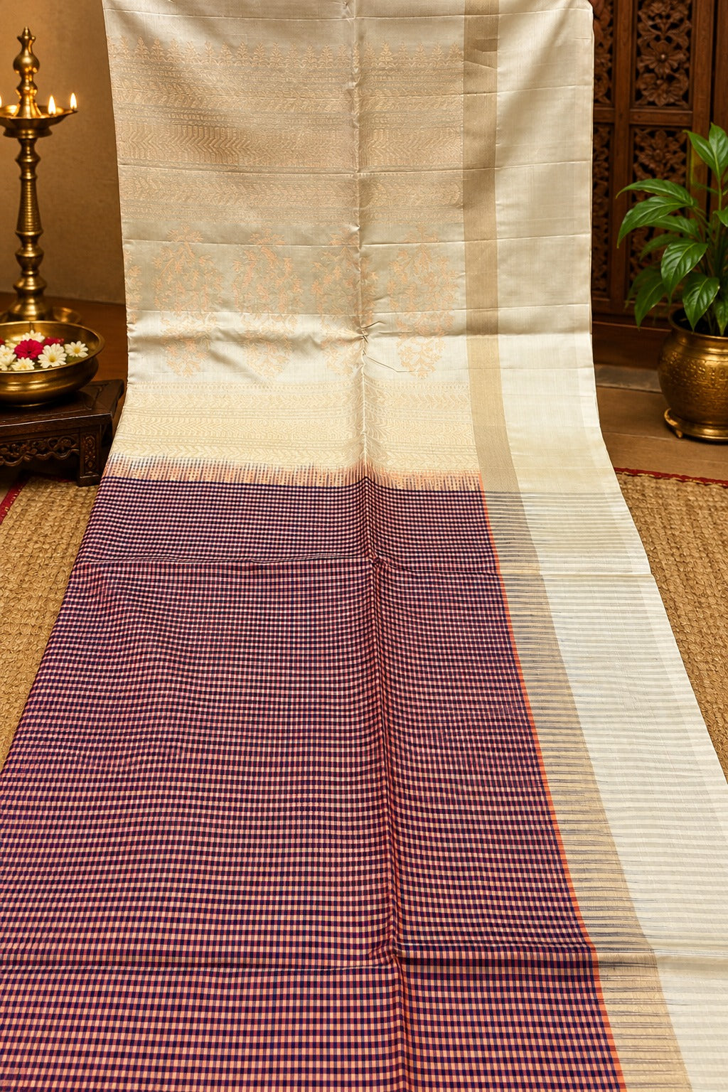 ✨ Elegant Deep Maroon & Beige Checked Saree with Golden Zari Border ✨